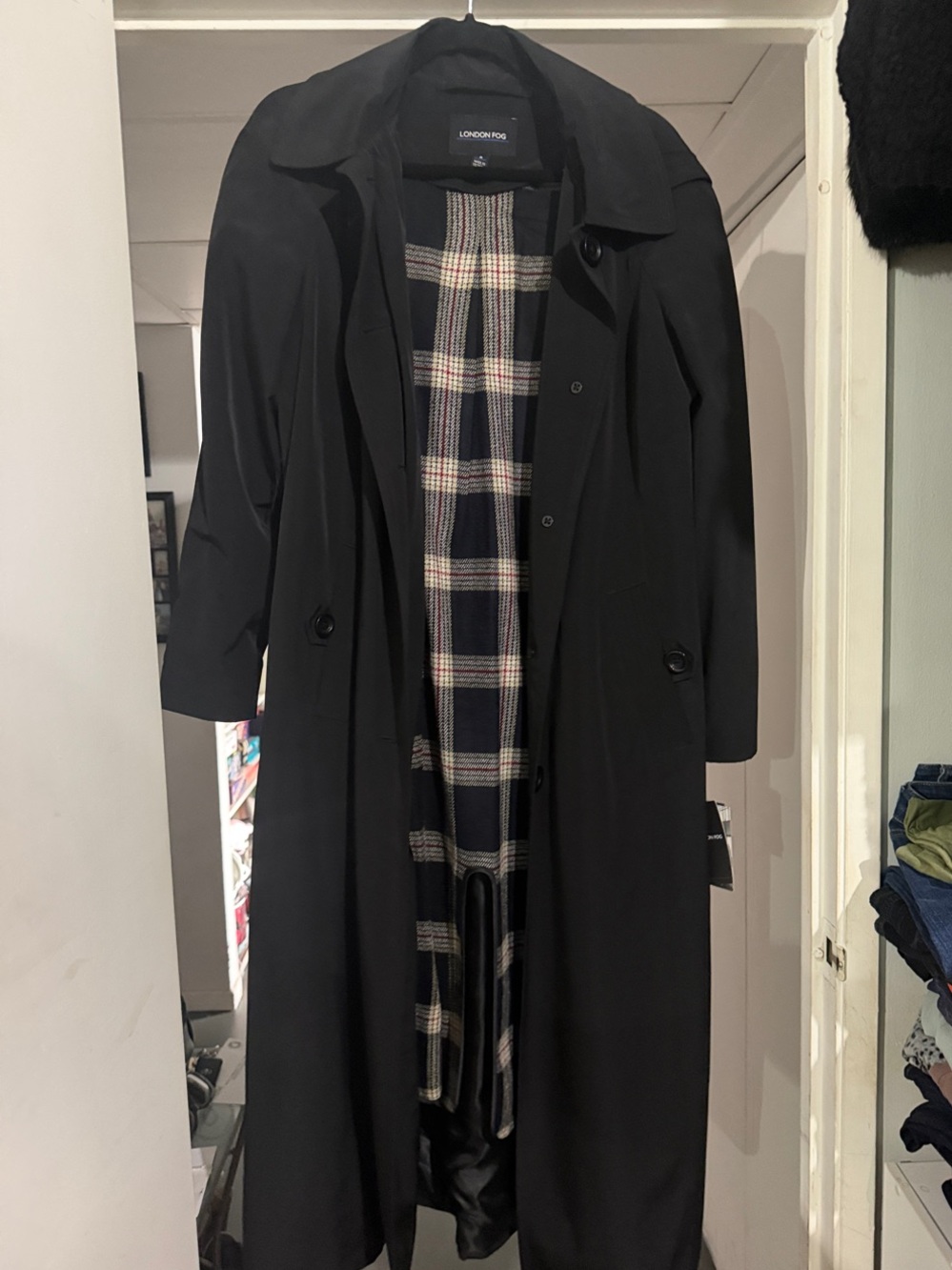 NWT London Fog Black Trench Coat with Hood and Plaid Lining